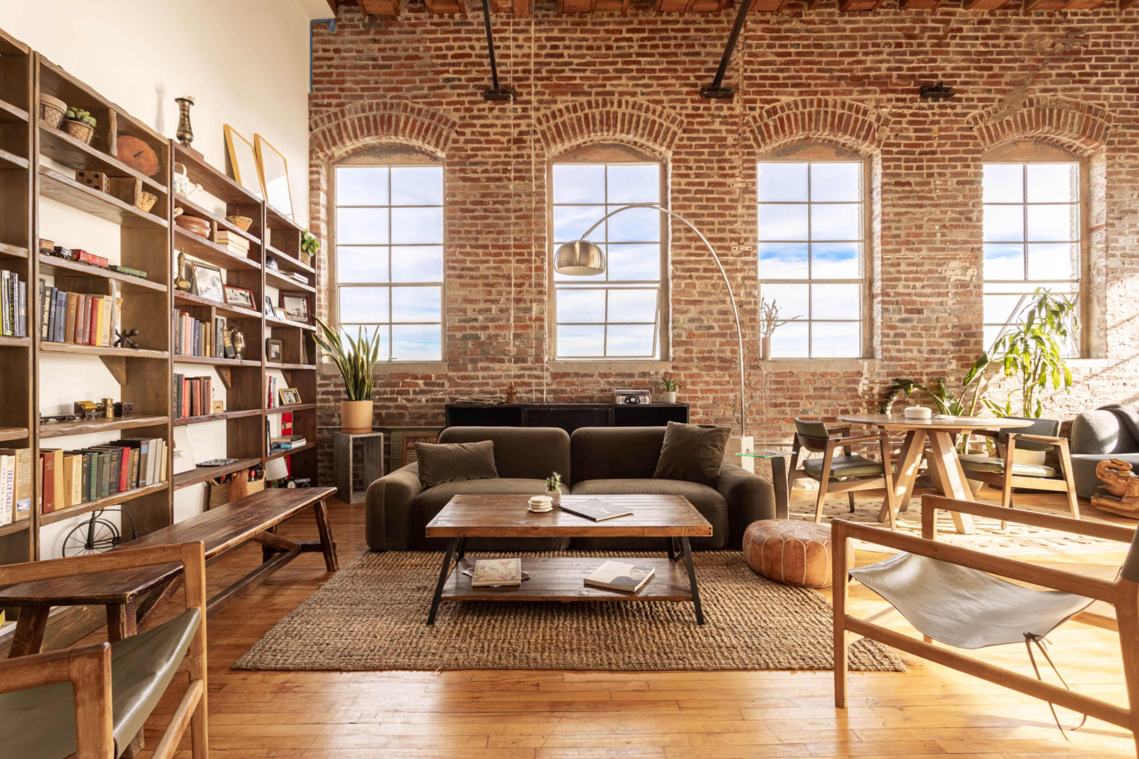 Students studying in a bright modern urban library in Brooklyn